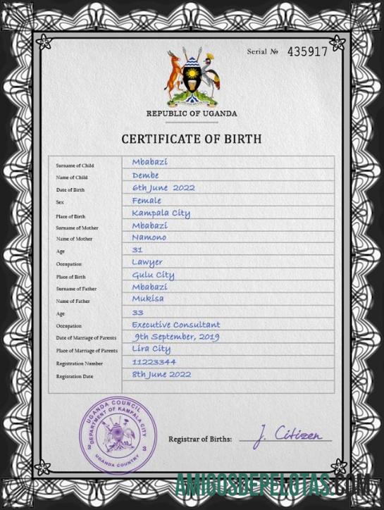 Realista modelo PSD de certidão de nascimento de Uganda